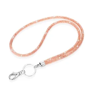 Close-up detail of a rose gold rhinestone lanyard featuring a sparkling mesh design