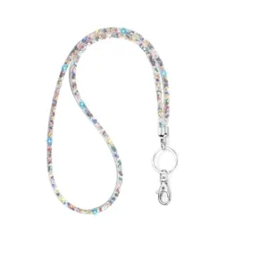 Detailed view of a sparkling colorful rhinestone neck lanyard with metal clasp