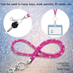Sparkly pink rhinestone lanyard detailing keyring size and usage for ID cards