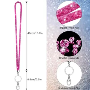 Detailed close-up of a pink rhinestone lanyard with a durable stainless steel clip