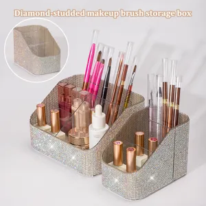 Rhinestone Makeup Brush Organizer Box Desktop Multi Grid Cosmetic Storage Case For Vanity Dressing Table Acrylic Nail Tool Organizer Holder