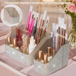 Detail of sparkling diamond-studded multi-grid makeup brush and cosmetic organizer