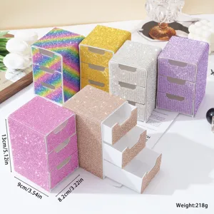 Close-up detail of sparkly rhinestone 3-layer drawer organizer for jewelry and makeup