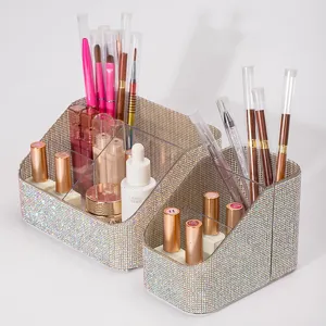 Detailed macro view of sparkling rhinestone-covered desktop makeup brush storage box