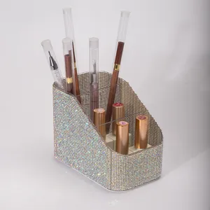 Sparkly rhinestone desktop organizer for makeup brushes and pens, macro detail view