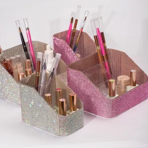 Detailed view of multi-grid rhinestone makeup brush and nail art tool organizer boxes