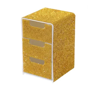 Luxurious gold rhinestone 3-drawer desktop storage organizer for jewelry and makeup