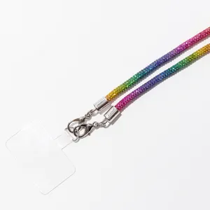 Cordon de téléphone long bandoulière en strass arc-en-ciel avec fermoirs argentés