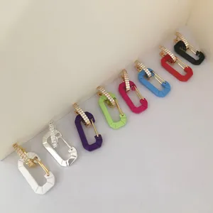 Set of colorful geometric safety pin earrings with sparkling CZ pavé accents
