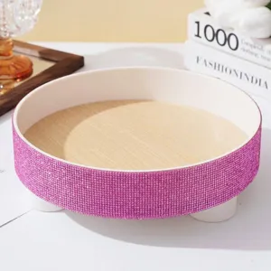 Luxury round tray with pink rhinestones for skincare storage
