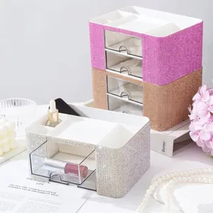 Luxury Rhinestone Desktop Organizer Plastic Double Layer Drawer Makeup Storage Box Sparkling Jewelry Stationery Case For Women Dressing Table