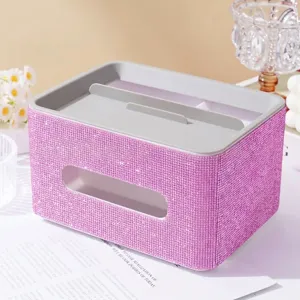 Detail der luxuriösen rosa Strass-Taschentuchbox mit multifunktionalem Fach