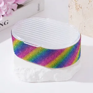 Detailed view showing the vibrant rainbow rhinestone texture of this elegant soap box.