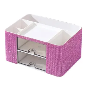 Pink rhinestone 2-layer drawer storage box for desktop makeup organization