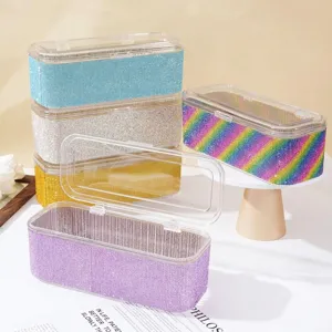 Dustproof Makeup Brush Storage Box With Lid Rhinestone Inlaid Plastic Desktop Cosmetics Organizer For Vanity Table Women