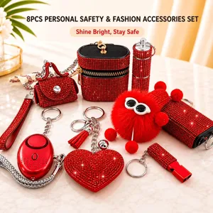 8-delige rode strass zelfverdediging sleutelhanger set met pluche bal en alarm