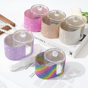 Boîte de Rangement pour Cotons-Tiges à Double Compartiment avec Strass Couvercle Transparent 2-En-1 Organisateur de Maquillage pour Coiffeuse