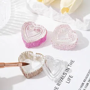 Japanese Style Heart Glass Nail Art Dappen Dish With Lid Rhinestone Artificial Pearl Decorated Crystal Liquid Cup For Color Mixing Wash Pen Manicure Tool