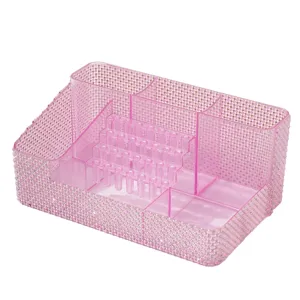 Organisateur d'ongles rose à strass avec compartiments et trous pour embouts de ponceuse