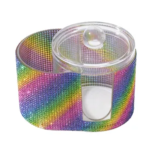 Organisateur de maquillage 2-en-1 strass arc-en-ciel pour coton avec couvercle clair