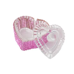 Exquisite heart-shaped crystal glass nail art washing cup with pink rhinestones and lid
