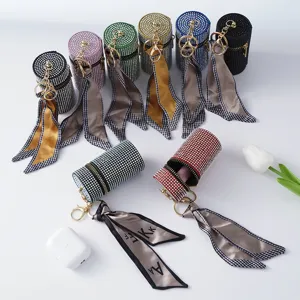Luxurious Rhinestone Encrusted Mini Pouch Keychain With Satin Scarf Decor Alloy Lipstick Bag Charm Cylindrical Key Ring Women Jewelry Accessory