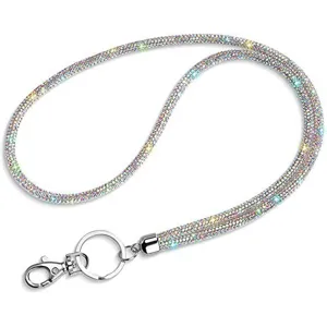 Detailed view of a sparkly multicolor rhinestone lanyard with a silver key ring
