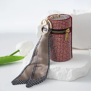 Luxury rhinestone lipstick pouch keychain featuring an elegant silk scarf accessory.