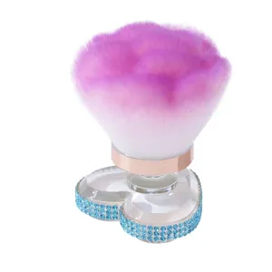 High-end heart-shaped makeup brush with blue rhinestones and soft purple fluffy bristles