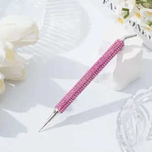 Penna per nail art a doppia punta con strass rosa per applicazione cristalli