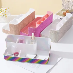 Rhinestone Nail Art Makeup Tool Storage Box Large Capacity Divided Desktop Organizer Plastic Cosmetic Brush Holder
