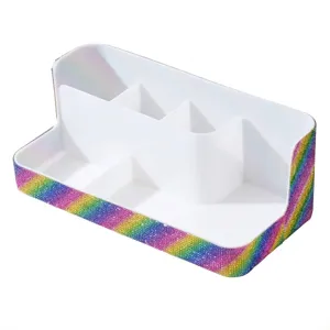 Rainbow rhinestone partitioned storage box for nail art tools and makeup