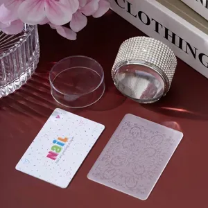 Detailed macro view of rhinestone-decorated nail art stamper with scraper and pattern plate