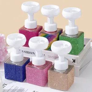 Crystal Rhinestone Flower Foam Bottle Square Plastic Refillable Soap Dispenser Pump Bottle For Bathroom Decor Elegant Storage