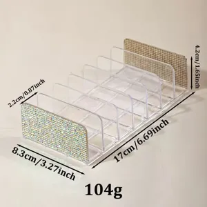 Vista dettagliata dell'organizzatore per palette di ombretti in acrilico con glitter