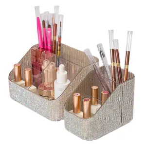 Luxury rhinestone-encrusted multi-compartment makeup brush and cosmetic organizer