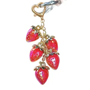 Exquisite realistic strawberry keychain with five resin fruits and gold heart clasp