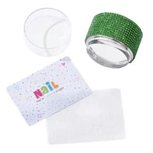 Sparkling green rhinestone nail art silicone stamper kit including scraper and plate