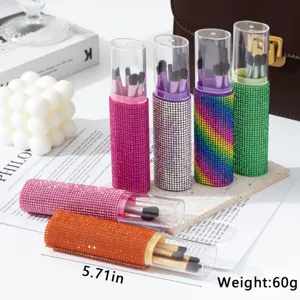 Detail showing 5-piece rhinestone makeup brush set with 5.71in height measurement.