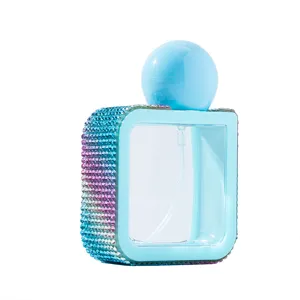 Elegant portable 40ml square spray bottle featuring blue gradient rhinestone trim