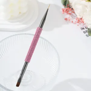 Pincel de nail art de doble punta con diamantes de imitación rosa para liner y detalles