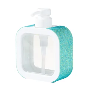 Luxury square rhinestone-encrusted refillable pump bottle for liquid soap or lotion