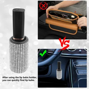 Comparison showing the rhinestone car lip balm holder mounted on a vehicle dashboard