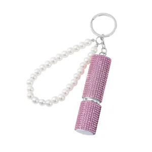 Pink rhinestone 5ml perfume atomizer keychain with pearl strap and lipstick shape