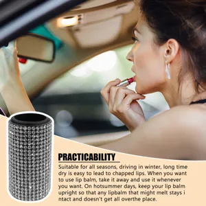 Macro view of sparkly rhinestone car lipstick holder with model applying lip balm
