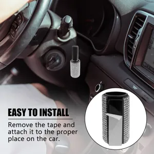 Self-adhesive rhinestone car lipstick holder shown with easy installation steps