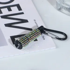 Portable mini flashlight encrusted with colorful rhinestones and black carabiner