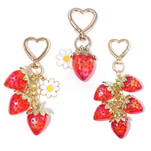 Sweet Translucent Strawberry Flower Keychain With Gold Heart Clasp Rhinestone Resin Bag Charm For Women Gift Jewelry