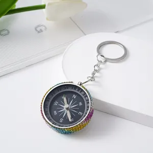 Detailed view of a portable aluminum alloy compass keychain with colorful rhinestones