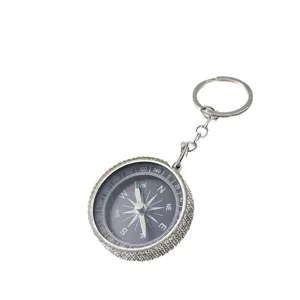 Mini aluminum alloy compass keychain with rhinestone decoration for outdoor navigation